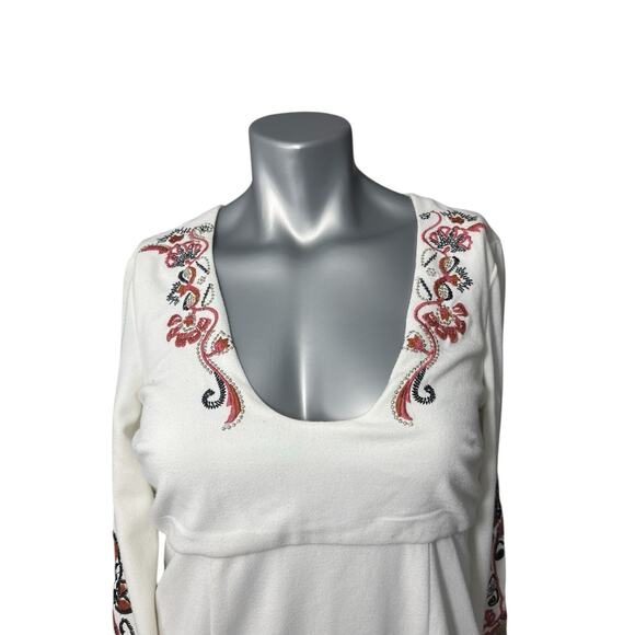 Free People Dress Floral Bell Sleeve Ivory 4 Hippie Folk Flare Embroidered Fairy - Picture 3 of 11